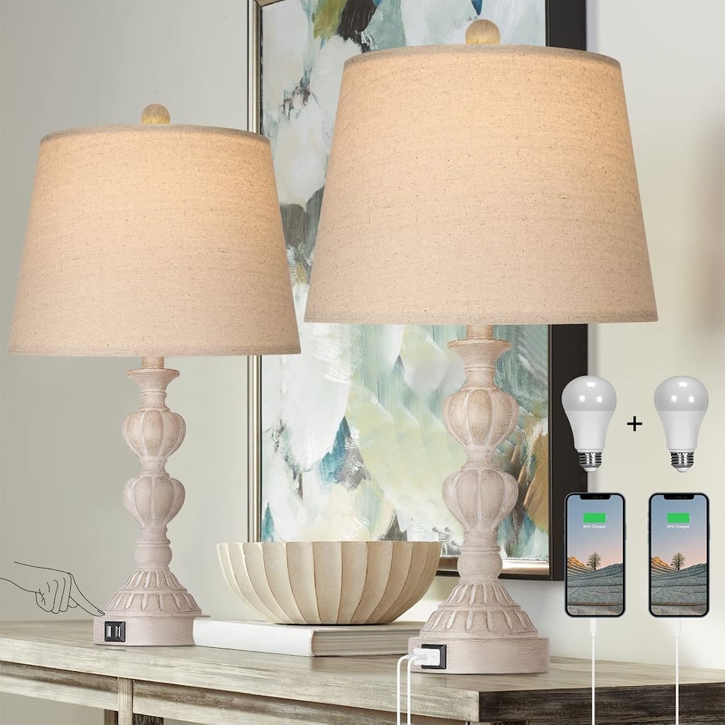 Touch Control Coastal Farmhouse Table Lamp Set of 2, 3-Way Dimmable Bedside Lamp with 2 USB Charging Ports for Living Room