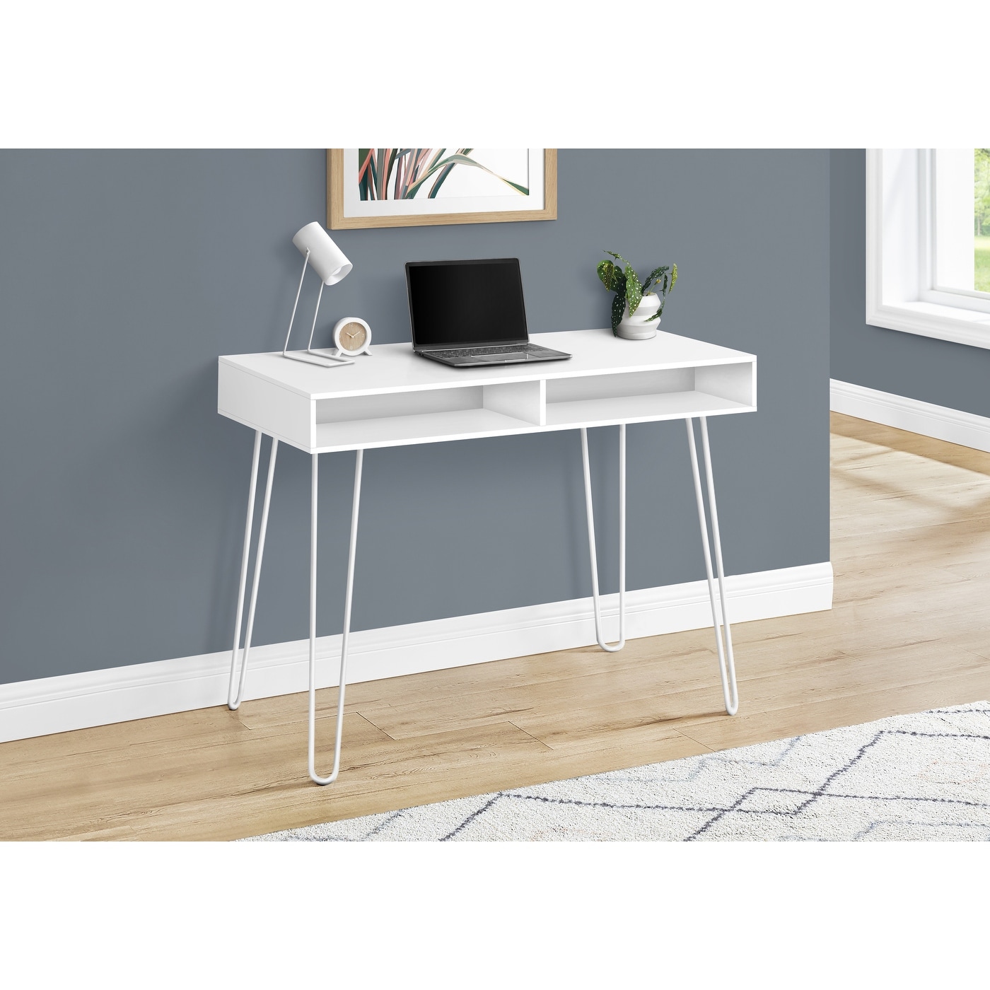 Computer Desk with 2 Open Storage Cubbies & Metal Hairpin Legs