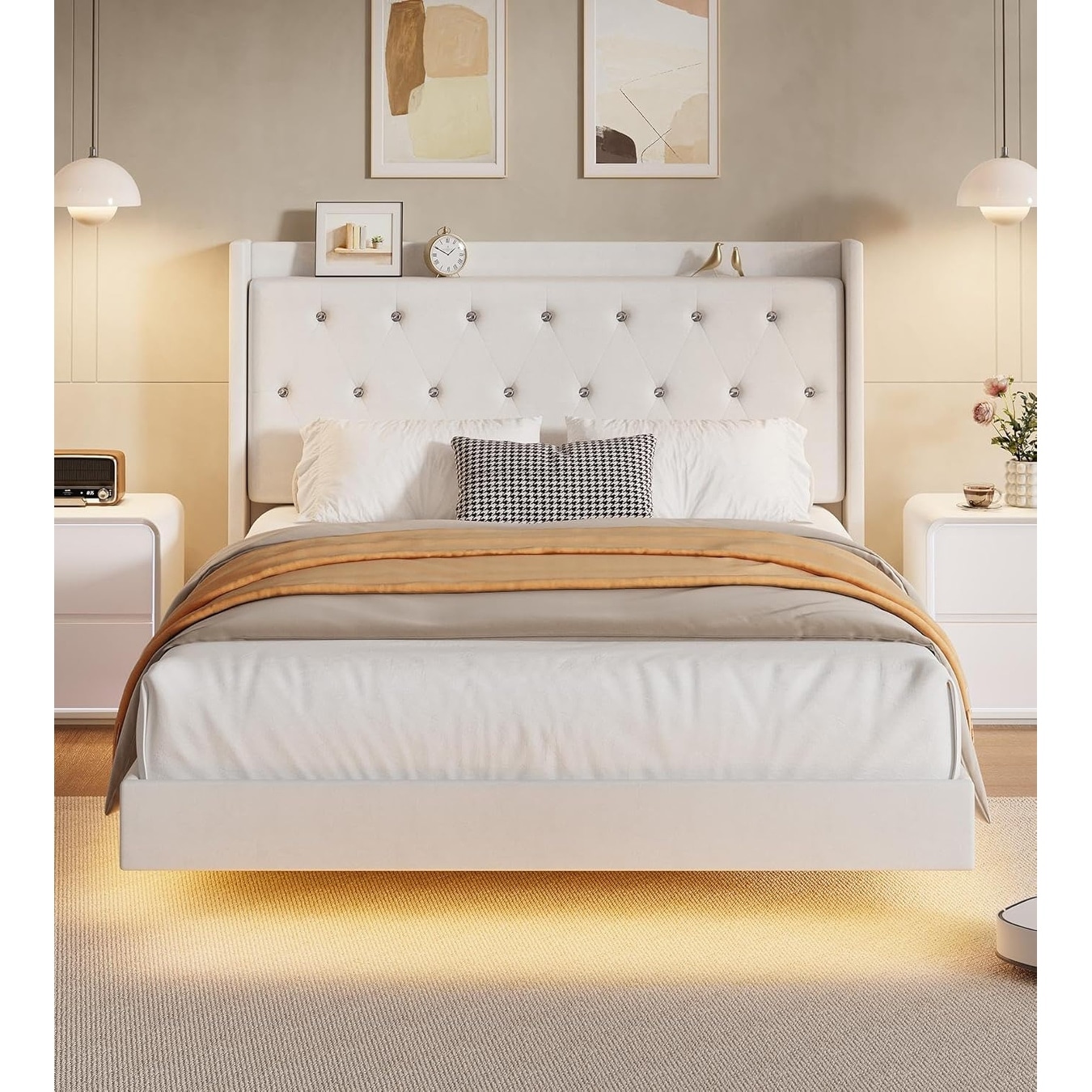Floating Bed Frame with LED Lights,Velvet Upholstered Platform Bed Frame with Storage Headboard