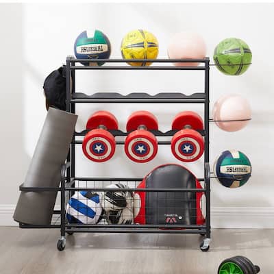 Mieres Garage Sports Equipment Organizer, 4-Tier Metal Storage Organizer, Ball Storage Cart with Baskets and Hooks for Indoor