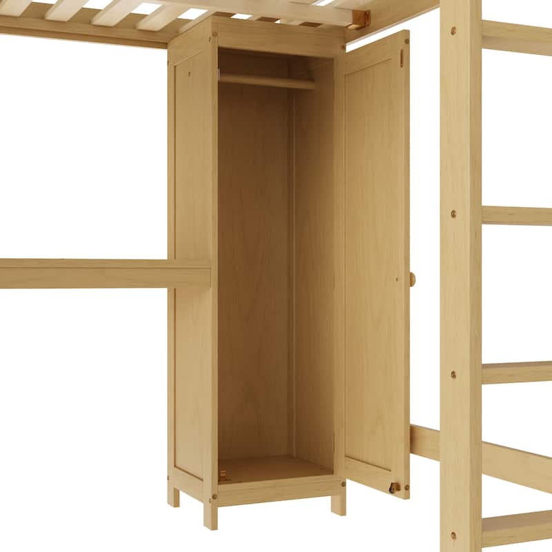 All-in-One Queen Size Loft Bed with L Shape Desk, Bookcase Headboard, Storage Cabinet and Built-in Wardrobe with Hanging Pole