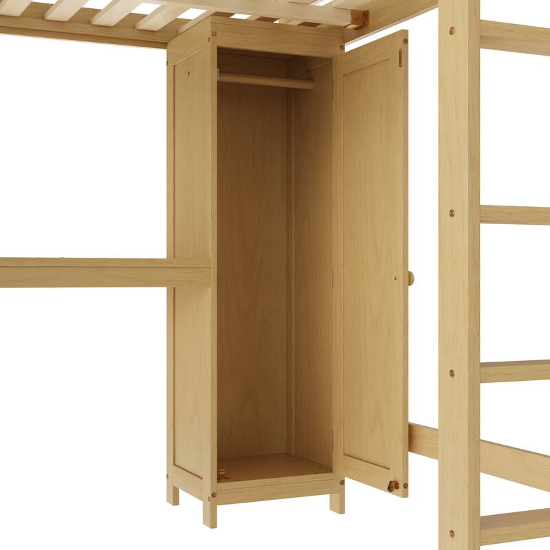 Wood Loft Bed with Cabinet and Bookshelf, Queen Size Loft with Wardrobe and Desk for Kids