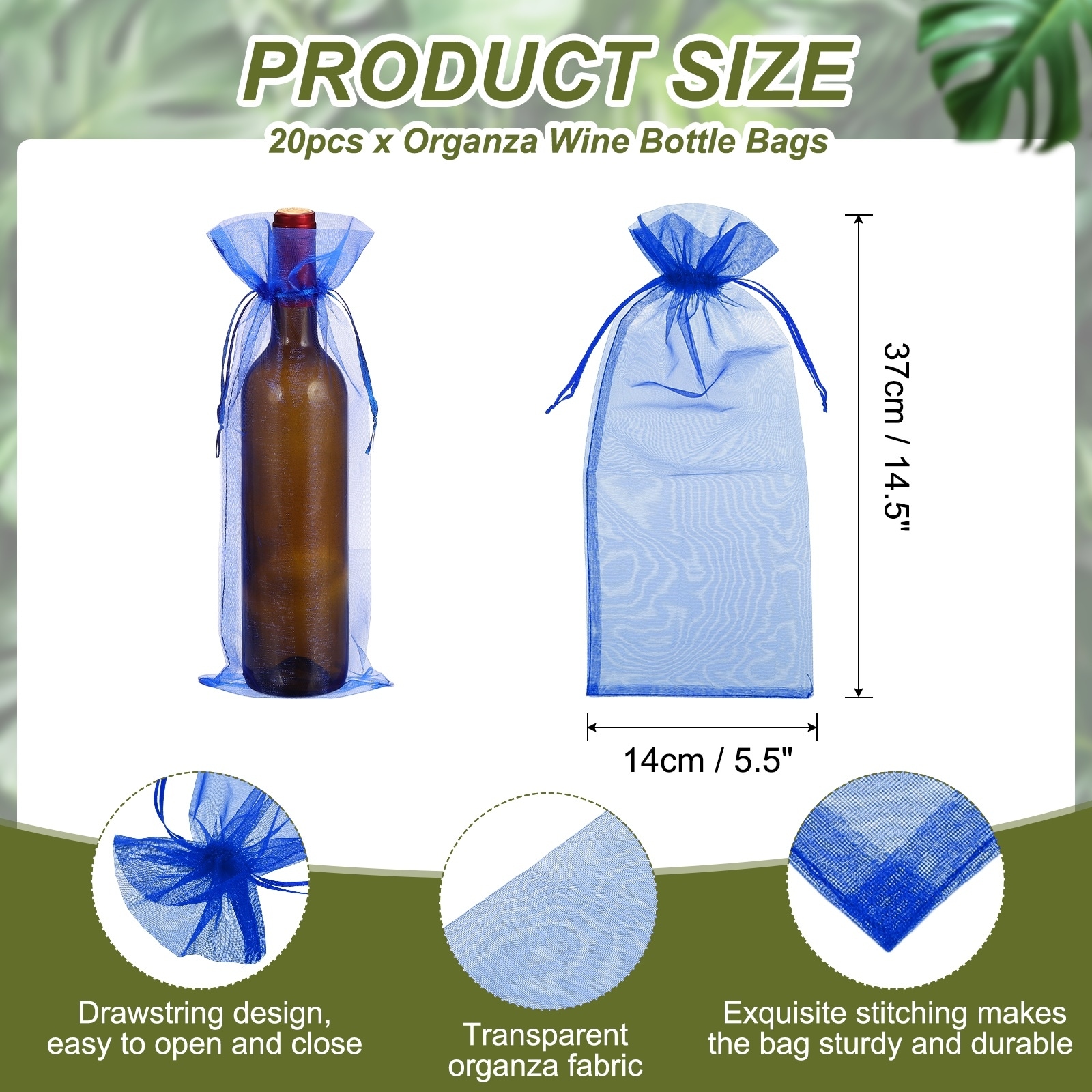 Organza Wine Bags, Drawstring Organza Bottle Gift Bags Sheer Wine Wrapping Bag for Bottle Wrap Birthday - 14.5 x 5.5