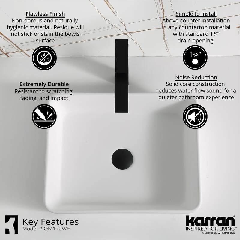 Karran Quattro Matte White Acrylic 18 in. Rectangular Bathroom Vessel Sink with Faucet and drain in Matte Black