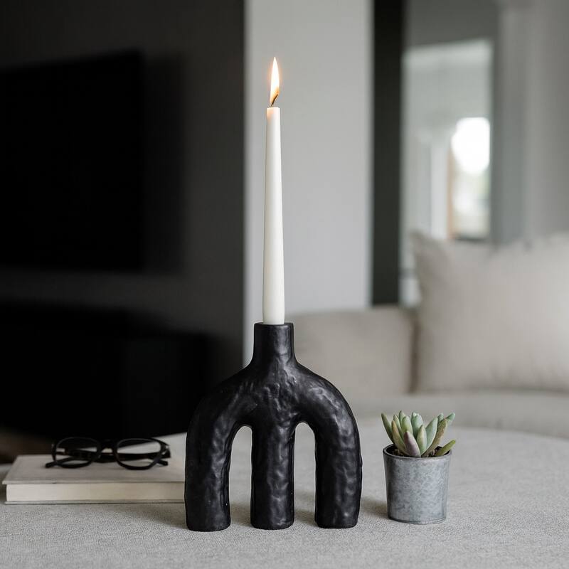 Textured Creamic Taper Candle Holder with Double Arched - Black