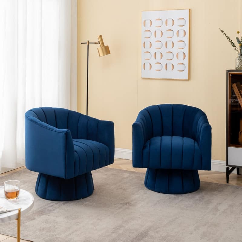 SEYNAR Modern Glam Velvet Upholstered Round 360 Degree Swivel Accent Barrel Chair Set of 2 - Navy