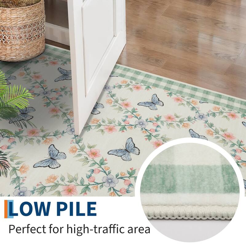 Butterfly Pattern Rugs for Living Room, Modern Floral Area Rug, Washable Border Plaid Non Slip Floor Carpet