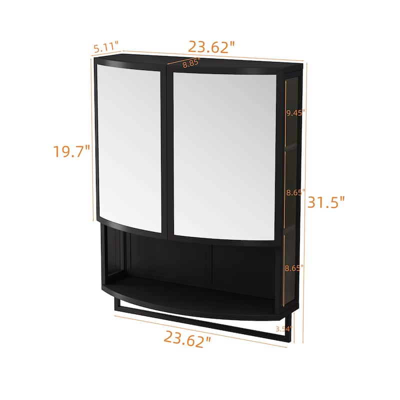 Anmytek Black 24 Inch Arched Mirror Wall Cabinet with Glass Double Doors and Towel Rack - 23.62*8.85*31.5