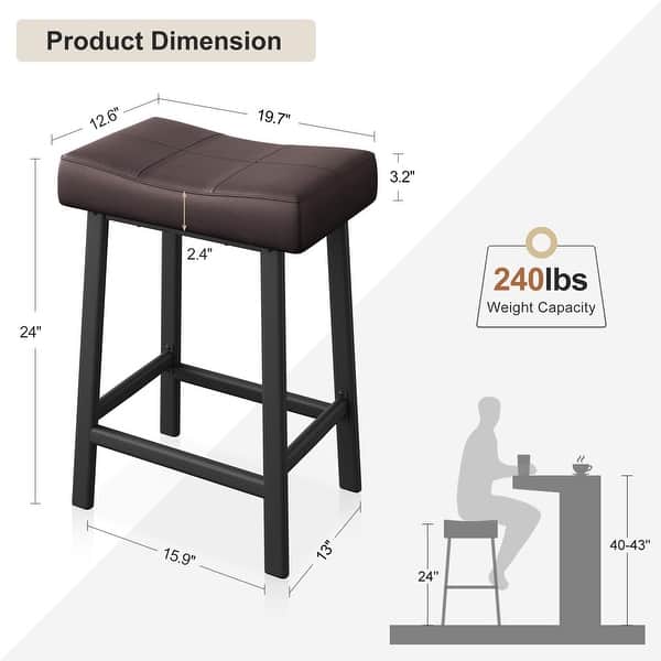 dimension image slide 1 of 4, Set of 2 Ergonomic 24" Counter Height Bar Stools with Curved PU Leather Seat, Metal Frame, Integrated Footrest, Supports 240 lbs