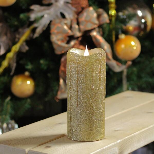 Shop 7 Battery Operated Gold Glittered Flameless Led Christmas Pillar Candle With Moving Flame Overstock 16560911