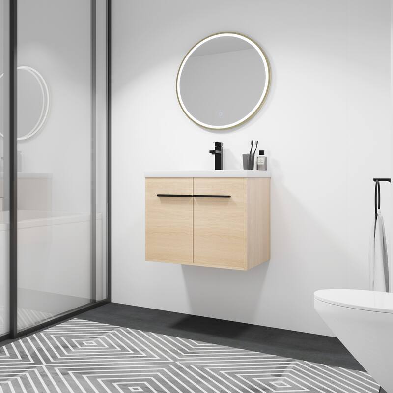 Fully Assembled Black 24 Inch Bathroom Vanity with Ceramic Countertop Sink, Oak 2 Doors Bathroom Cabinet Set