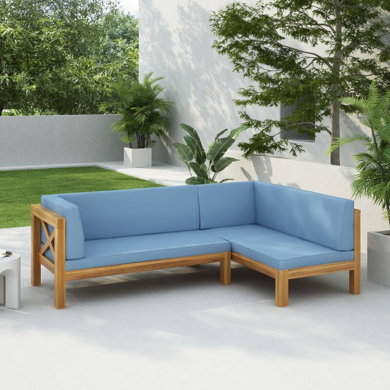 Brava Outdoor Acacia Wood X-Back Patio Sectional Sofa by Christopher Knight Home - Right Facing+Teak Finish+Blue Cushion