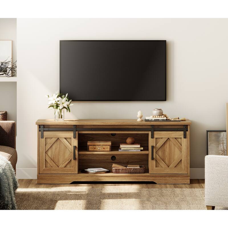 WAMPAT Sliding Barn Door 59-inch Wood TV Stand Storage Cabinet - 59" - Vintage Oak