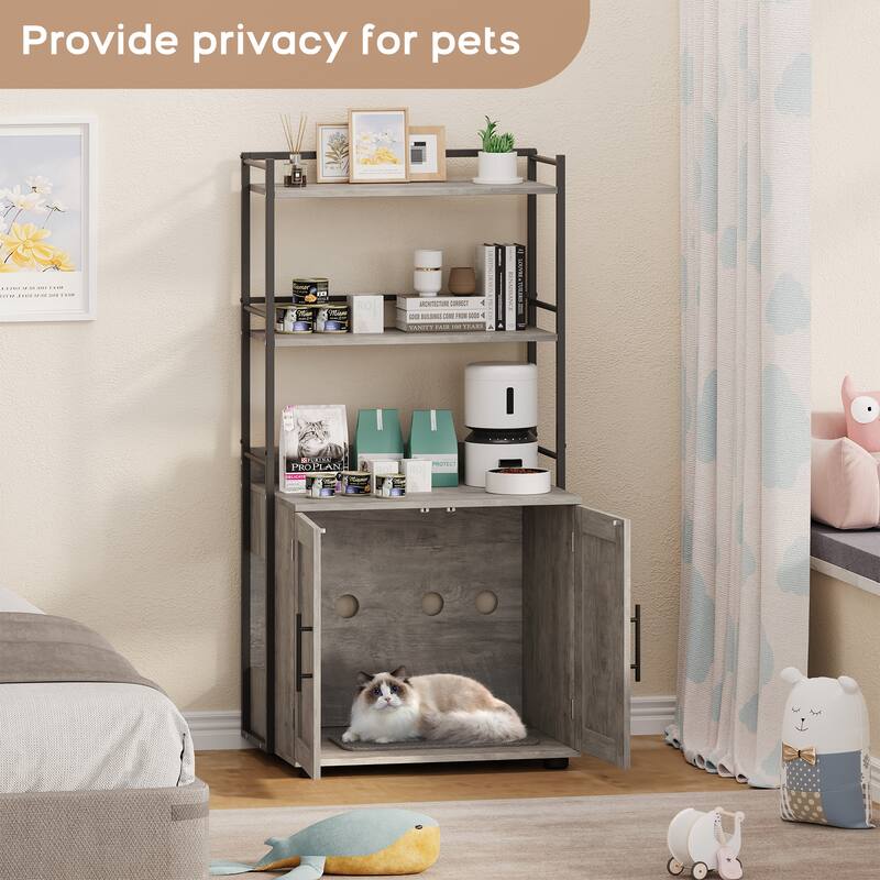 2-in-1 Hidden Cat Litter Box with 3 Shelves and Door
