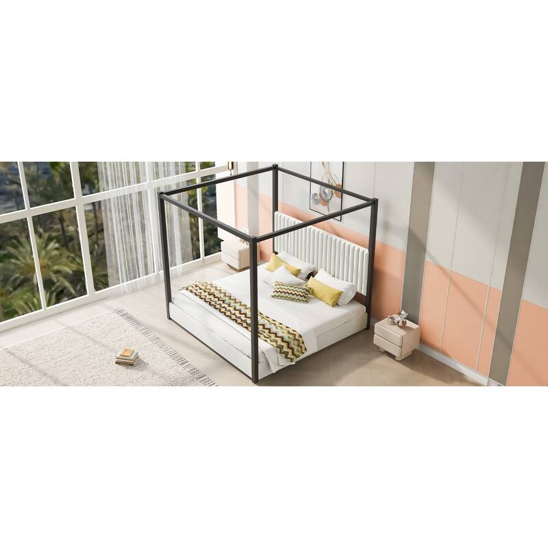 Roomfitters King Canopy Platform Bed with Velvet Upholstered Headboard, Metal Frame
