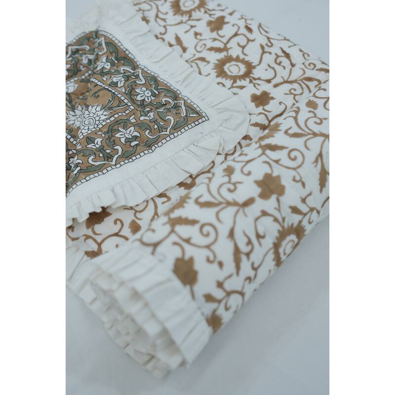 Fabdivine Luxury Hand Block Print Cotton Quilt Floral Boho Bedding for Bedroom & Sofa, Mustard, Handmade Reversible Bedspread