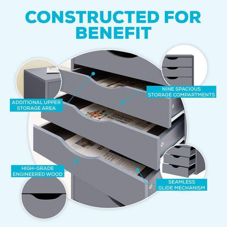 Narrow Wooden 9-Drawer Cabinet with Smooth-Glide Drawers, Top Storage Shelf, and Space-Saving Design
