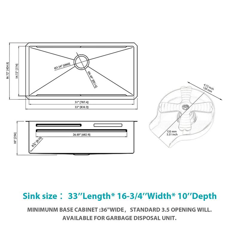 33" Undermount 16 Gauge Single Bowl Stainless Steel Kitchen Sink - 33'' x 16.72'' x 10''