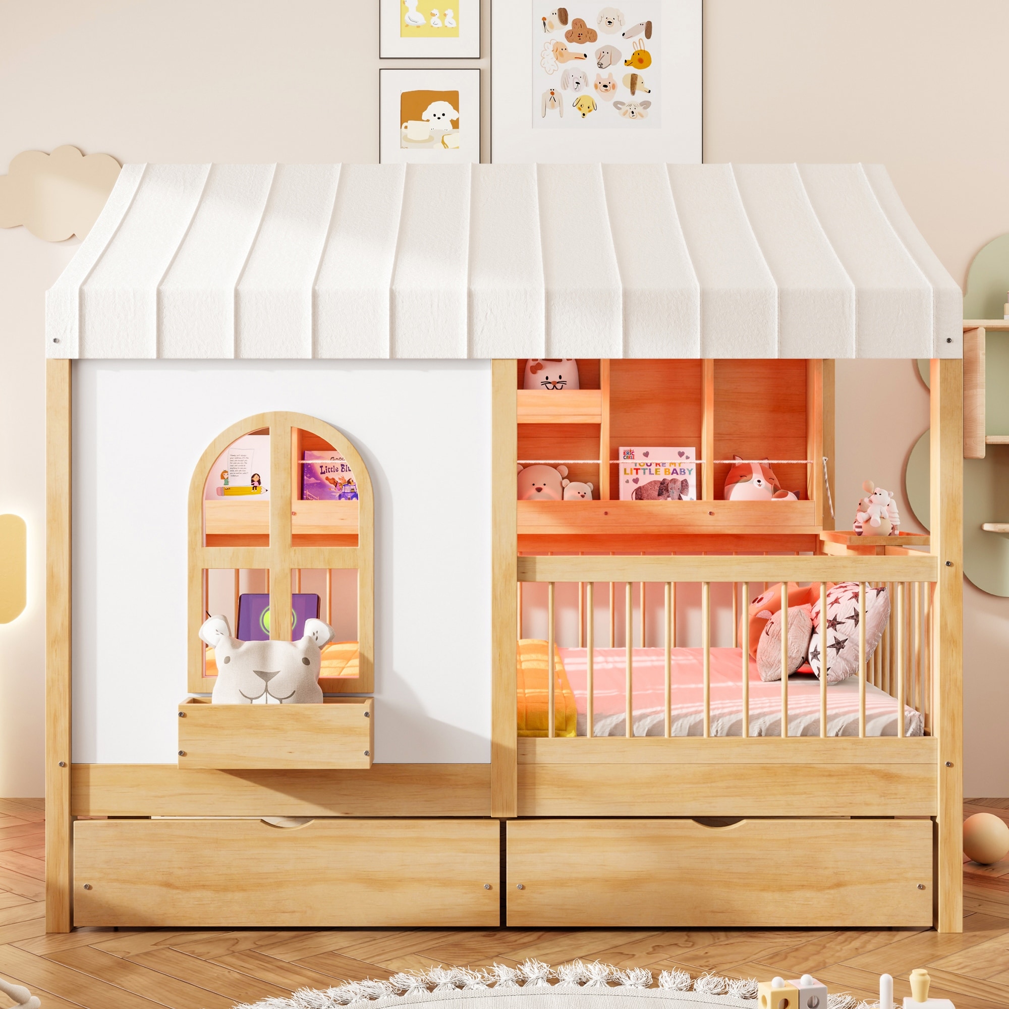 Full-Size House-Shaped Bed with 2 Large Drawers and Integrated Side Bookshelf featuring LED Strip Lighting‌.