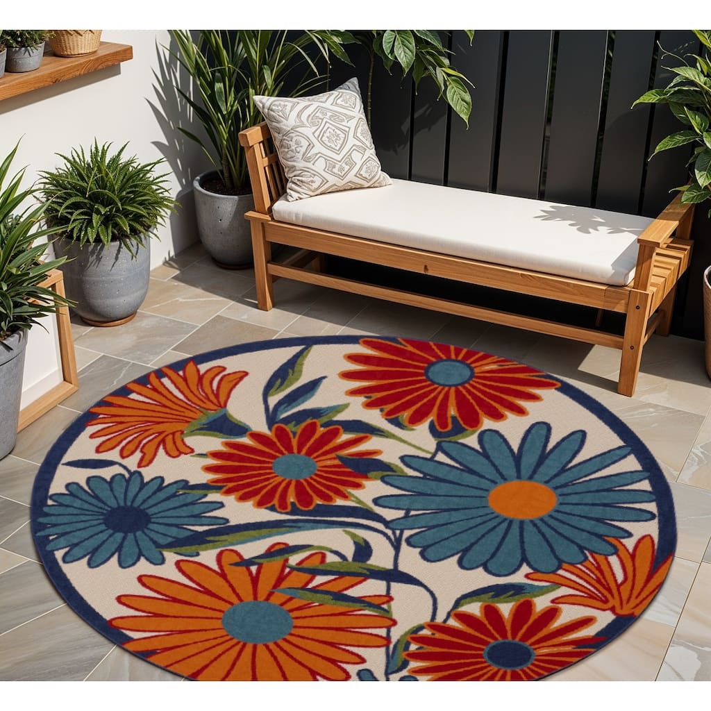 Beri Lush Floral Sun-Resistant Colors Current & Stylish Round Outdoor Rug - 8' Round