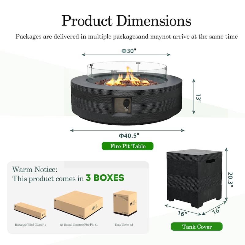 Patio Watcher 42in. Outdoor Round Magnesium Oxide Fire Pit Table with Gas Tank Cover and Wind Guard