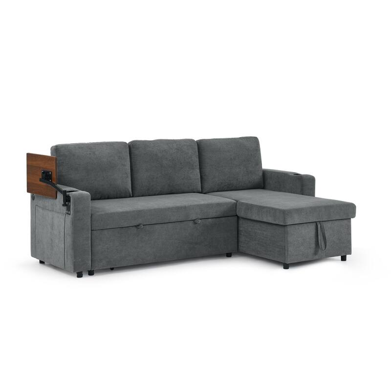 Roomfitters Modern Chenille Pull-Out Bed Sofa with Retractable Table, LED Lighting, USB Ports and Cup Holders