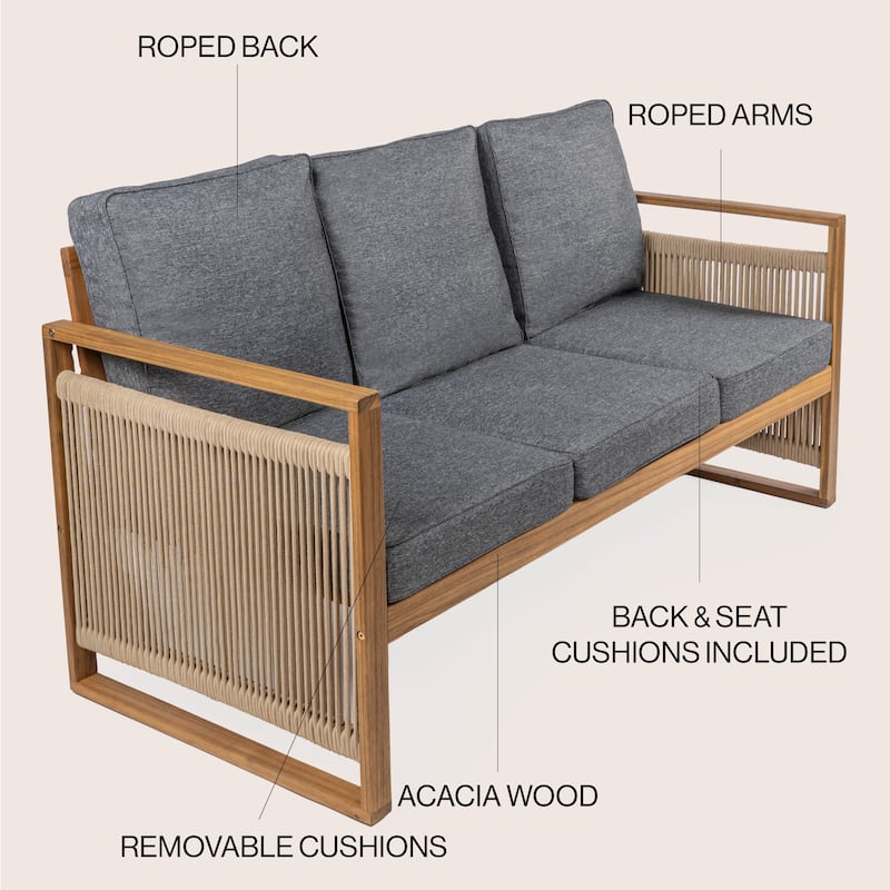 Saranac 3-Seat Mid-Century Modern Roped Acacia Wood Outdoor Sofa with Cushions, by JONATHAN Y