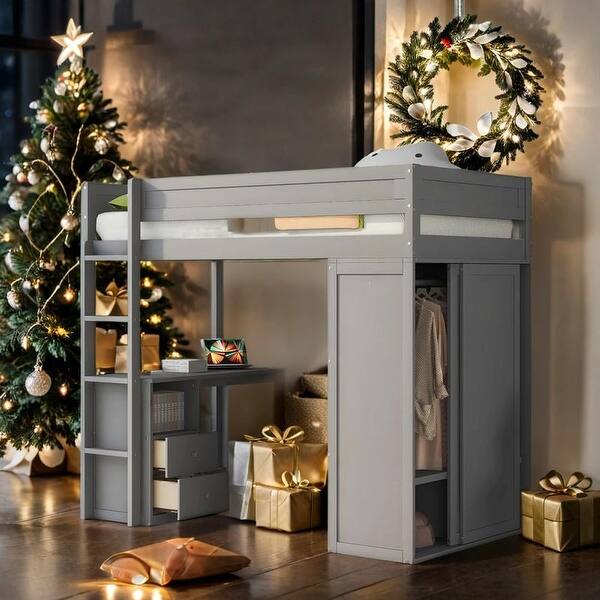 slide 2 of 36, Wood Twin Loft Bed with Wardrobes and 2-Drawer Desk with Cabinet, Gray Grey