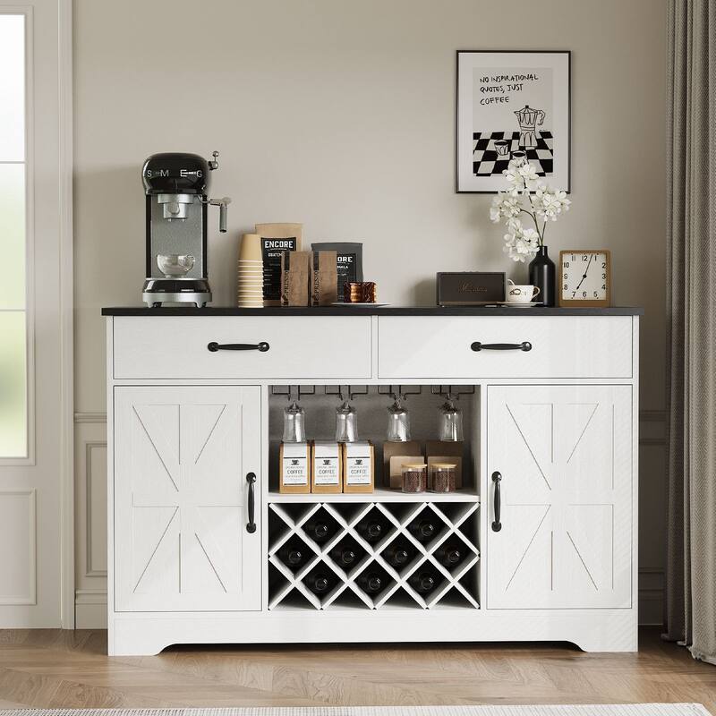 Gymojoy 55" Farmhouse Bar Cabinet with Wine Rack & Coffee Station, Rustic Storage for Dining Room, Kitchen, Living Room