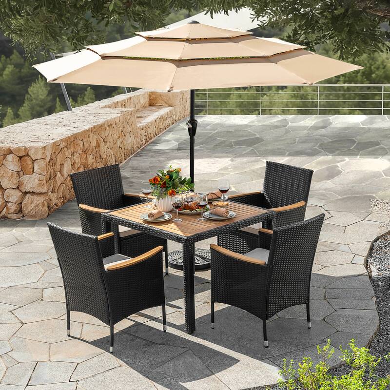 Acacia Wood Wicker Patio Dining Set with Cushions, Black