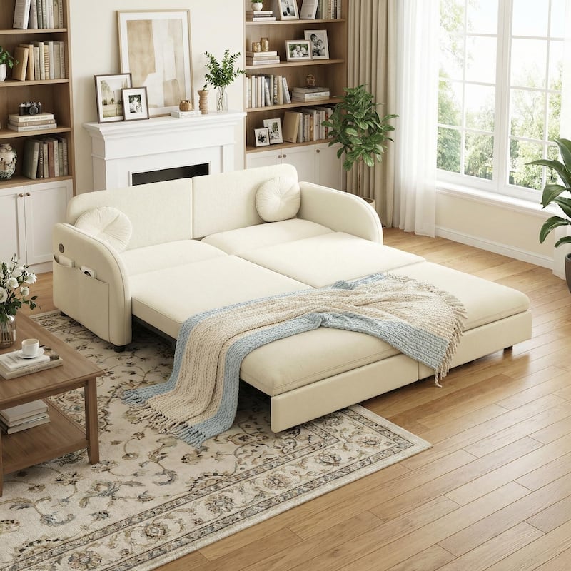 Homy Casa 3-in-1 Convertible Sleeper Sofa Bed, Pull-Out Couch w/ USB, Side Pocket & 4 Pillows, Chenille, 2/3/4-Seat - 3 Beige - 3 Beige