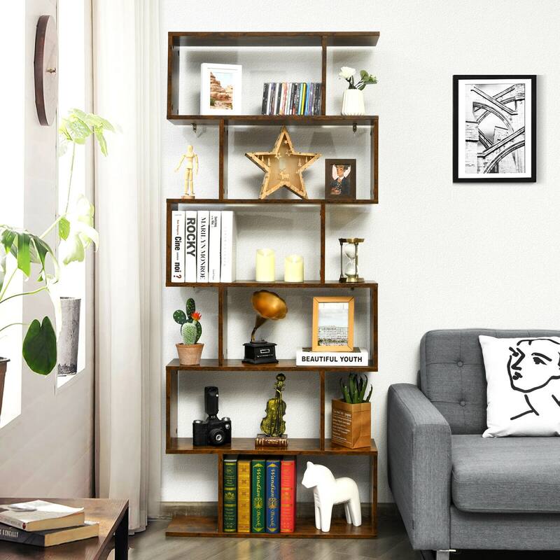 Gymax 6 Tier S-Shaped Bookshelf Storage Display Bookcase Decor Z-Shelf - 31.5'' x 9'' x 75''