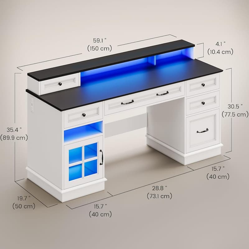 Executive Desk with Drawers Computer Desk with File Drawers Power Outlet LED Lights Storage Cabinet Monitor Shelf