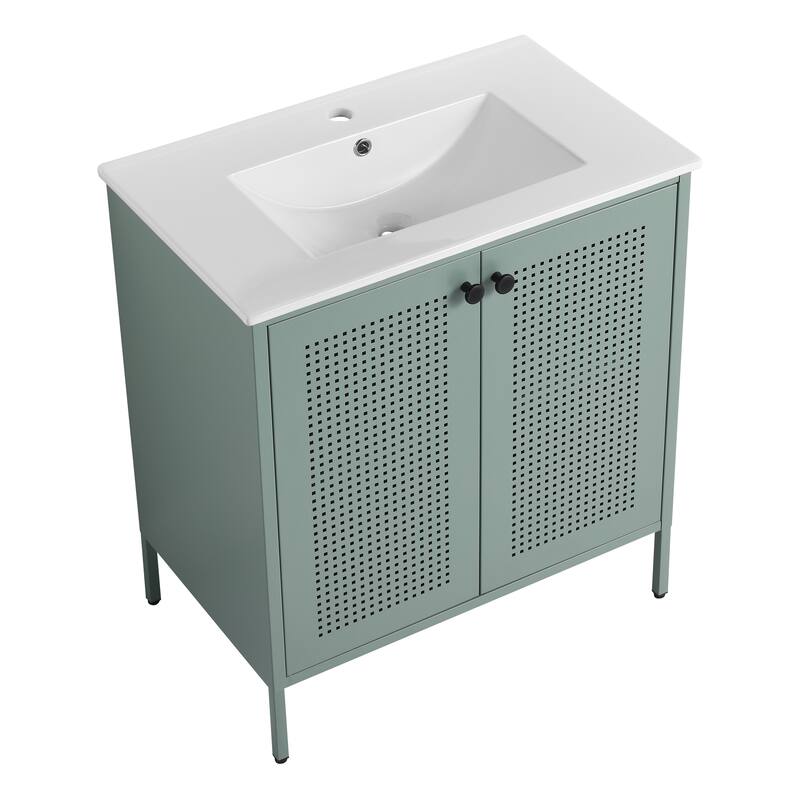 Freestanding Bathroom Vanity with Ceramic Sink, Adjustable Shelves, Cold Rolled Steel Cabinet, Double Door Design, Modern Style