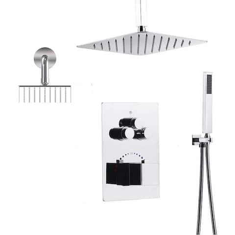 Dual Heads 16" Rainfall & High Pressure 6" Shower System w/ 3 Way Thermostatic Faucet - Chrome