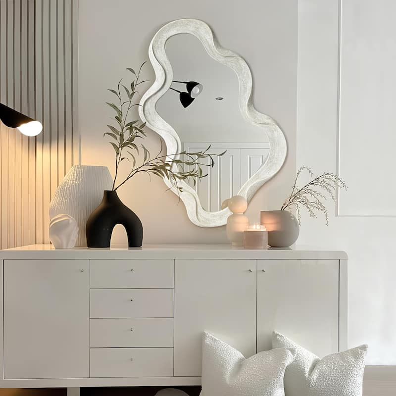 Glitzhome 31.75"H Washed White Fall Wood Frame Wavy Wall Mounted Mirror - 31.75"H x 19.75"L