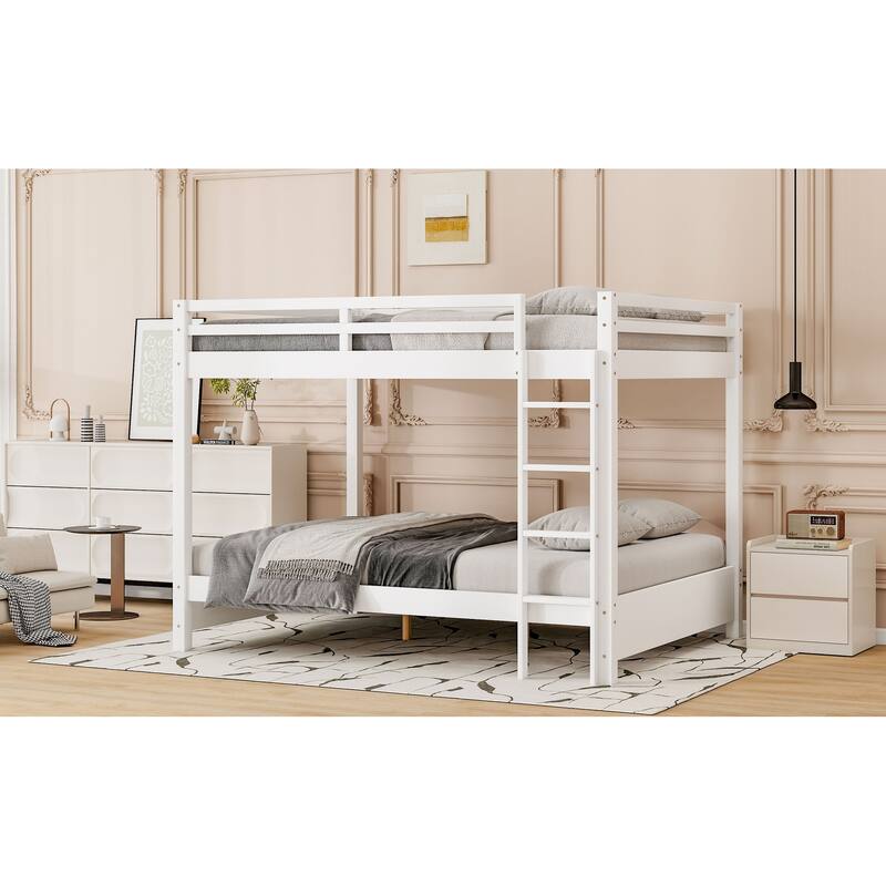 Queen Size White Wood Bunk Bed with Ladder, Space-Saving Design