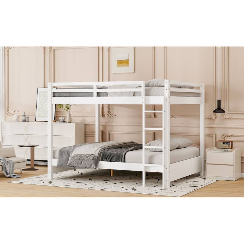 Wood Queen Size Bunk Bed with Ladder and Guardrails, No Box Spring Required