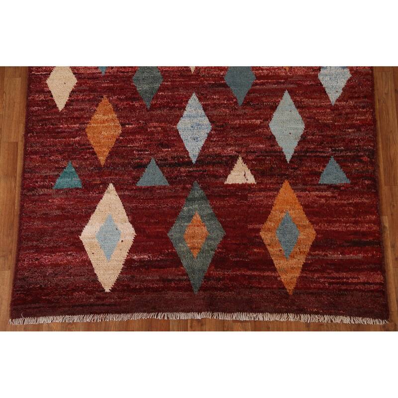 Hand Knotted Oriental 100% Wool Carpet Modern Tribal Red Moroccan Area Rug - 7' 7'' X 5' 9''