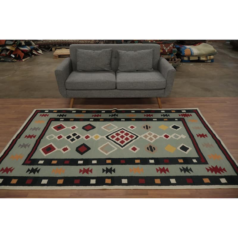Hand Woven Oriental 100% Wool Carpet Southwestern Tribal Green Kilim Area Rug - 8' 0'' X 5' 0''