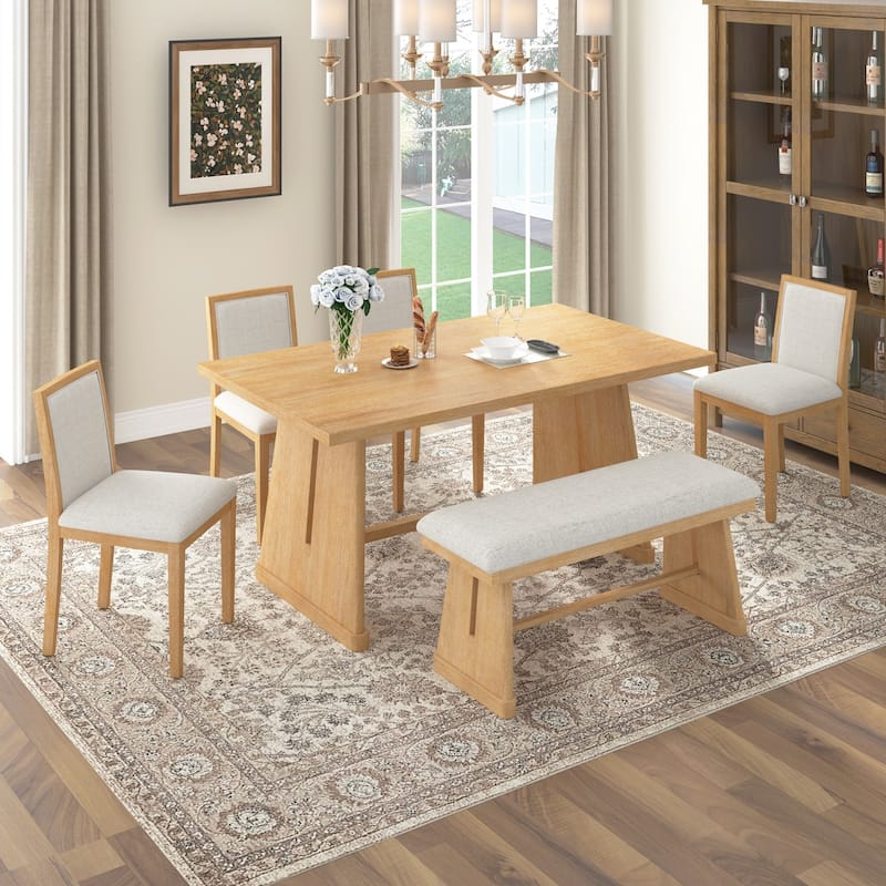 59.8" Farmhouse Dining Table with 4 Upholstered Chairs and 1 Padded Bench - Natural