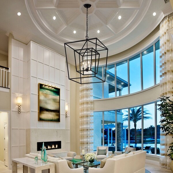 Large Open Cage Black Geometric Double Lantern Ceiling Lamp Chandelier
