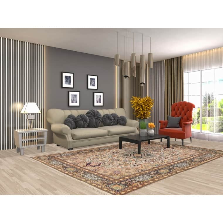 Hand Knotted Oriental 100% Wool Carpet Traditional Floral Beige & Ivories Tabriz Area Rug - 9' 2'' X 6' 3''