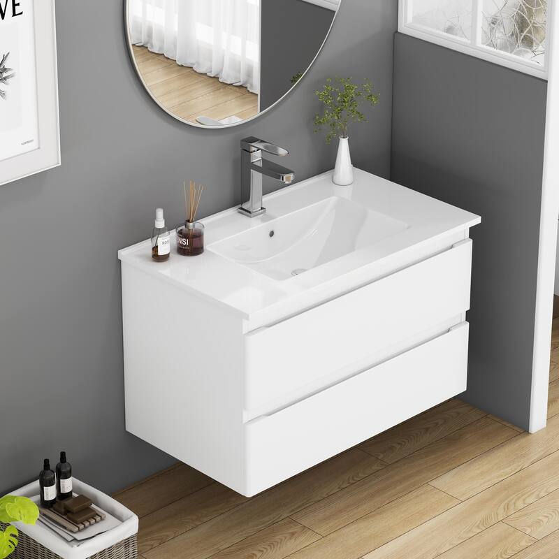32 Inch Floating Bathroom Vanity with One-piece Ceramic Sink, Wall Mounted Cabinet with 2 Drawers