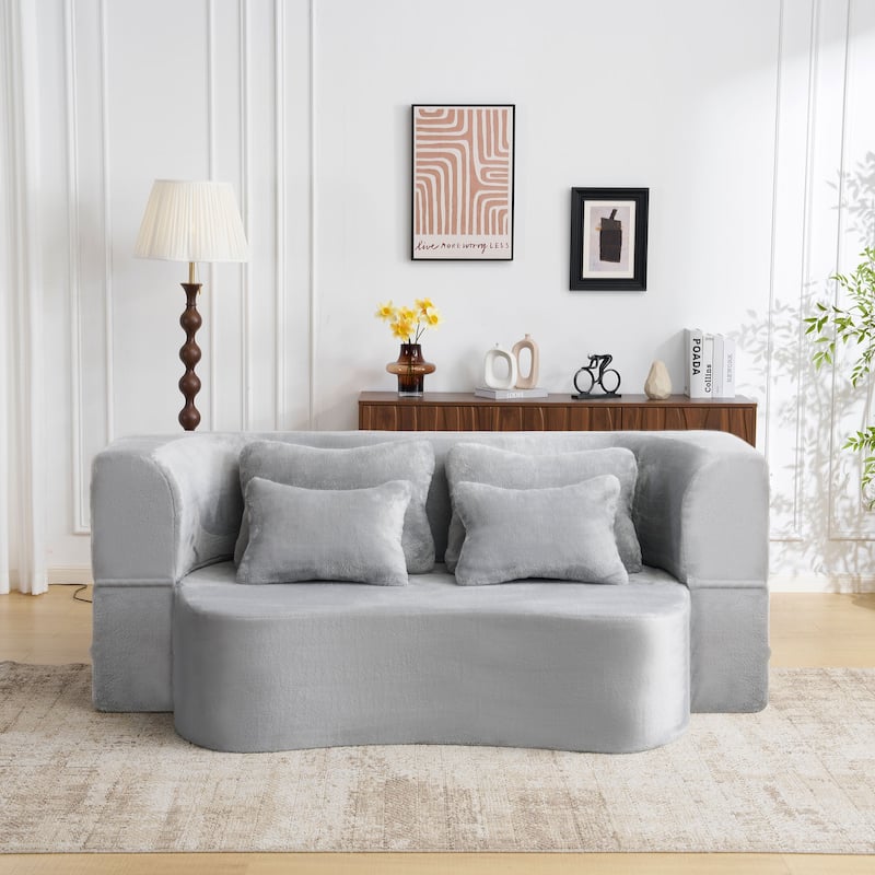 Queen Size Modern Sofa With 4 Pillows,Plush Fabric Futon Sofa Couch,High-Density Foam Folding Mattress,No Assembly Required