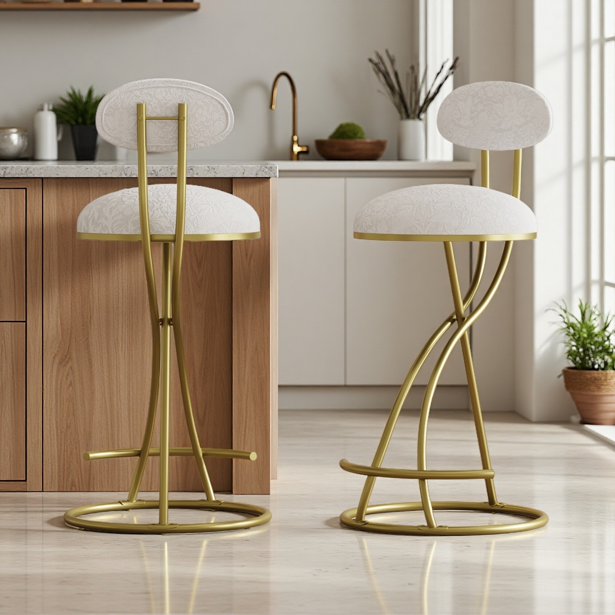 36.6"H Set of 2 PU Leather Upholstered Bar Stools with Backrest Round Counter Height Chairs with S-Shaped Metal Frame, Footrest