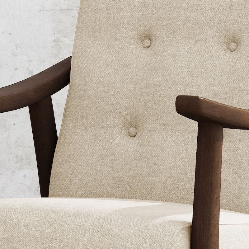 Beige Mid Century Modern 25.25" Upholstered Button Tufted Accent Chair with Rubber Wood Legs