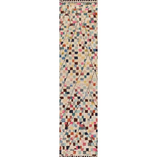slide 1 of 18, Contemporary Checkered Moroccan Oriental Wool Runner Rug Hand-knotted - 2'5" x 11'7"