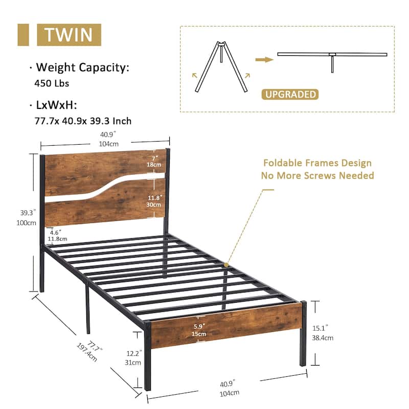 VECELO Beds Industrial Platform Bed Frame with Wood Headboard,Easy Set up