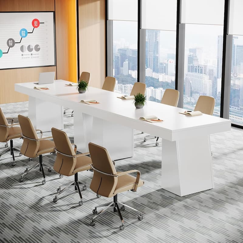 Conference Table, Modern Meeting Table with Thick Tabletop and Trapezoidal Legs